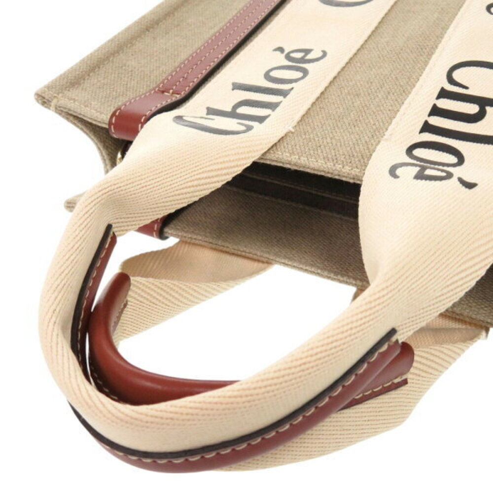 Chloe Woody Tote Bag Leather Canvas White Brown - Picture 6 of 8